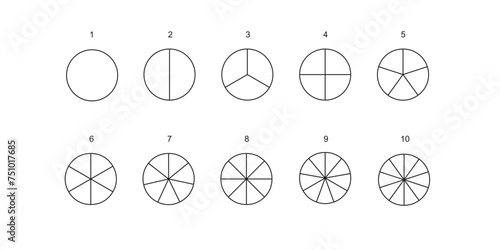 Circle divides into parts from 1 to 10. Donut or pie chart templates. Round shapes cut in equal slices. Set of wheel diagrams with sectors isolated on white background. Vector outline illustration.