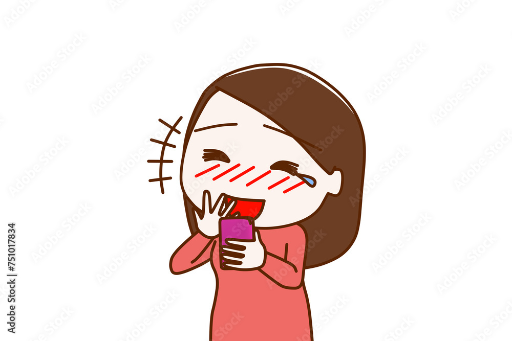 (上半身斜め)スマホを持って画面を見ながら涙を流して大笑いする女性 (上半身斜め)スマホを持って画面を見ながら涙を流して大笑いする女性