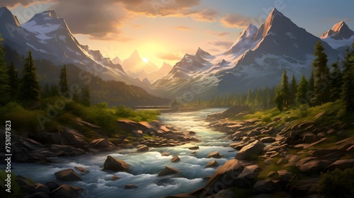 Panoramic view of a mountain river in the Canadian Rockies.