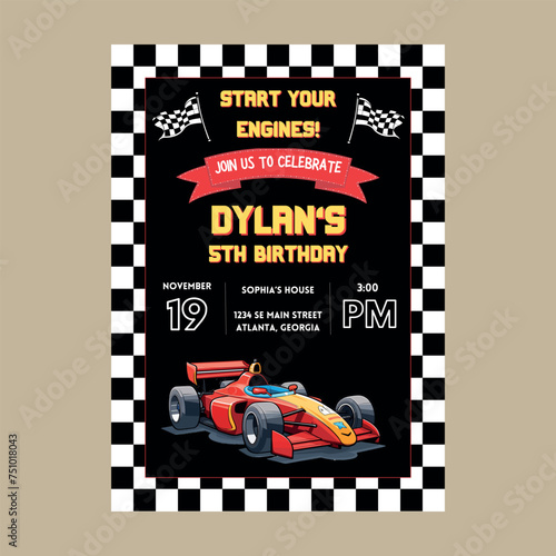 Racing Car Kids Black Birthday Invitation