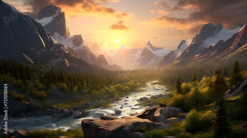 Panoramic view of a mountain river at sunset. Mountain landscape.