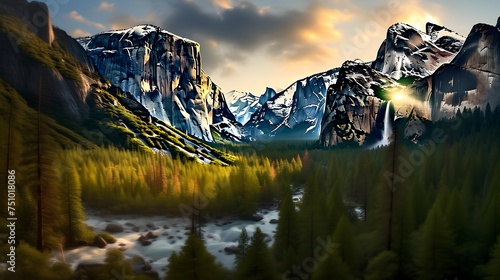Panoramic view of snow-capped mountains and river at sunset