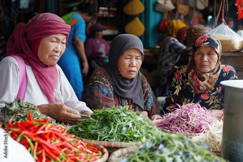a muslim elderly Indonesian female trader selling at the market