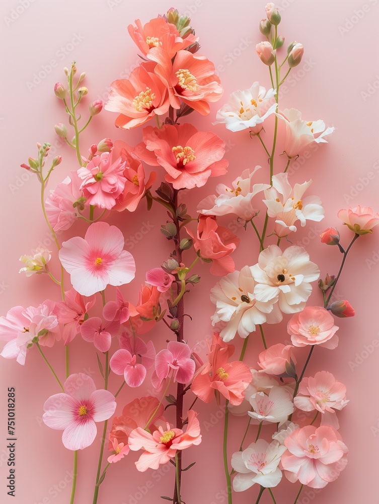 Fototapeta premium Flowers composition on pastel pink background. Flat lay, top view