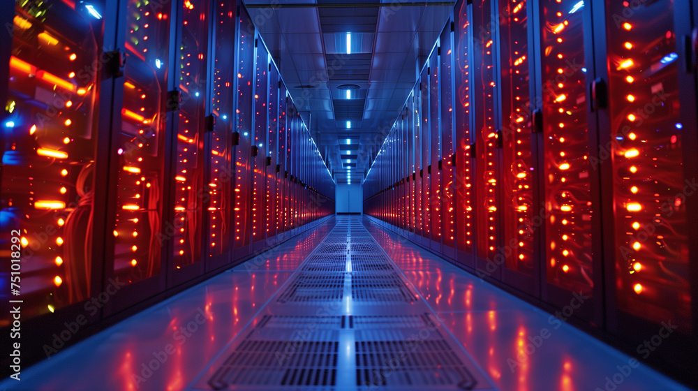 Blue LED lights illuminate the rows of high-speed servers in a modern data center corridor.