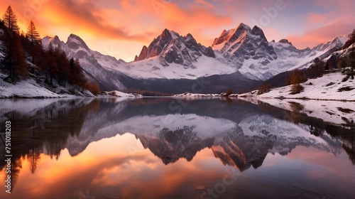 Mountains reflected in a lake at sunset. Panoramic view. © Iman
