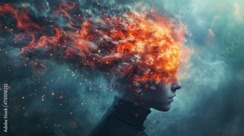 Female person head explodes on abstract background. Woman overwhelm with information, experiencing emotional burnout. Psychological mental health challenges. Exhausted fatigued tired depressed person. photo