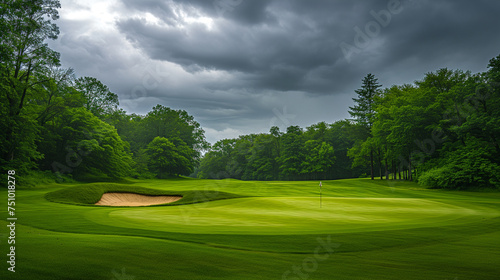 Set against a dramatic cloudy sky, the vibrant green of a meticulously maintained golf course shines, its manicured grass, sand bunkers, and towering tree offering both beauty and challenge to player.