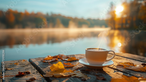 Fototapeta Naklejka Na Ścianę i Meble -  A hot coffee mug with the morning fog over a lake. Early morning coffee on a wooden dock, with the rising sun reflecting off a mist-covered lake creating a tranquil scene.