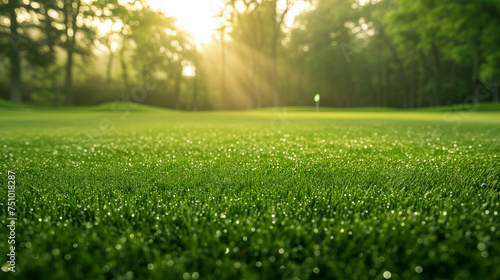 In the soft early morning light, a close-up reveals dew-covered golf green, while a sun flare pierces through the trees, adding a touch of magic to the scene.