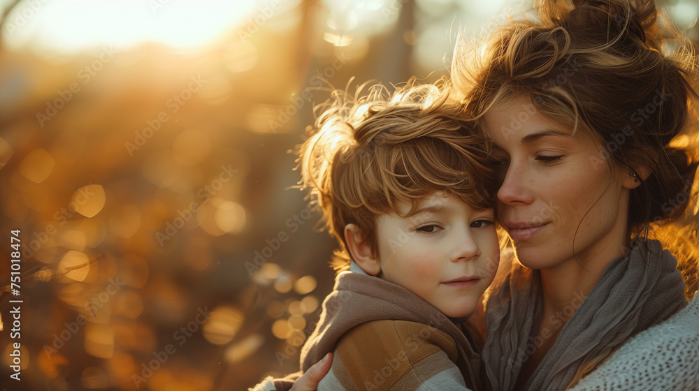 Embraced by Love: Mother and Son Share Tender Moment in Lush Garden, Bathed in Natural Light. Embraced by Love: Mother and Son Share Tender Moment in Lush Garden, Bathed in Natural Light.