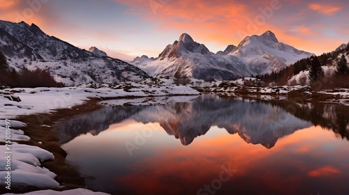 Panoramic view of snow covered mountain peaks reflected in a lake