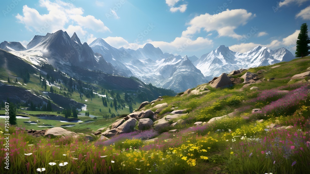 Panoramic view of alpine meadow with flowers and mountains in background - obrazy, fototapety, plakaty 