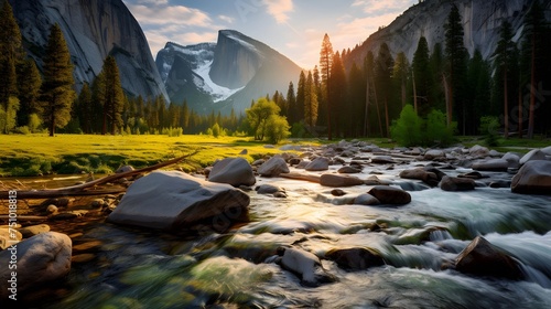 Panoramic view of a mountain river in Yosemite National Park, California, USA