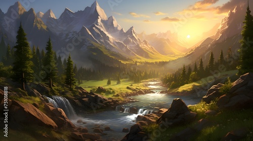 Panoramic view of a mountain river in the mountains at sunset © Iman