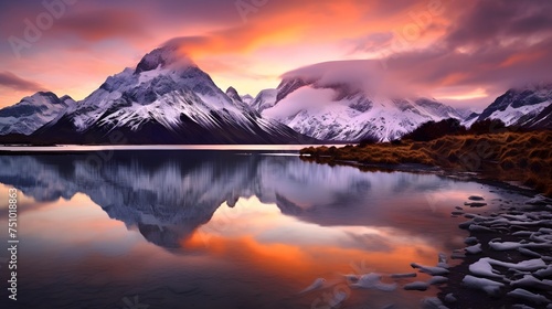 Panoramic view of snowy mountain and lake in Iceland at sunset