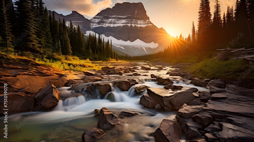 Panoramic view of the mountain river at sunset in Banff National Park, Alberta, Canada - obrazy, fototapety, plakaty 