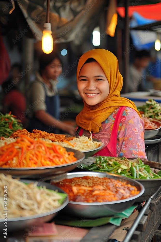 an Indonesian female working in his food sellers stalls serve buyers