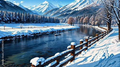 アニメ背景_川のある風景_冬_002