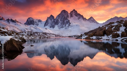 Panoramic view of snowy mountains reflected in a lake at sunset © Iman