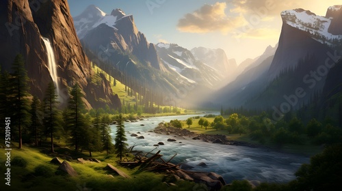 Beautiful panoramic view of the mountain river. Summer landscape.