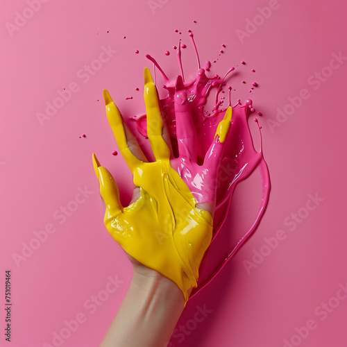 Hand with yellow French nails coming out of pink paint