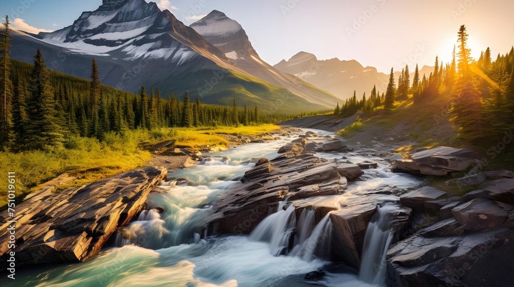 Mountain river in the Canadian Rockies. The concept of active and photo tourism - obrazy, fototapety, plakaty 