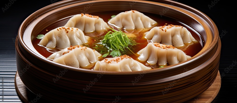 A wooden bowl sits atop a table, filled with steaming Korean Rice Cake Soup dumplings in beef broth. The dumplings are neatly arranged and ready to be enjoyed. A wooden bowl sits atop a table, filled with steaming Korean Rice Cake Soup dumplings in beef broth. The dumplings are neatly arranged and ready to be enjoyed.