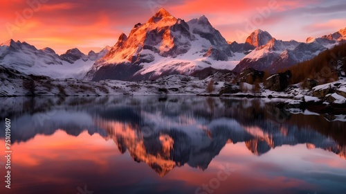 Panorama of snowy mountains reflected in the water at sunset, New Zealand