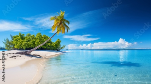 A serene beach scene with white sand, calm turquoise waves, and a picturesque island under a clear blue sky in the maldives.