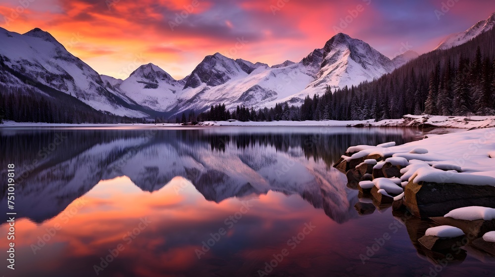 Mountains reflected in the calm water of the lake. Winter landscape.