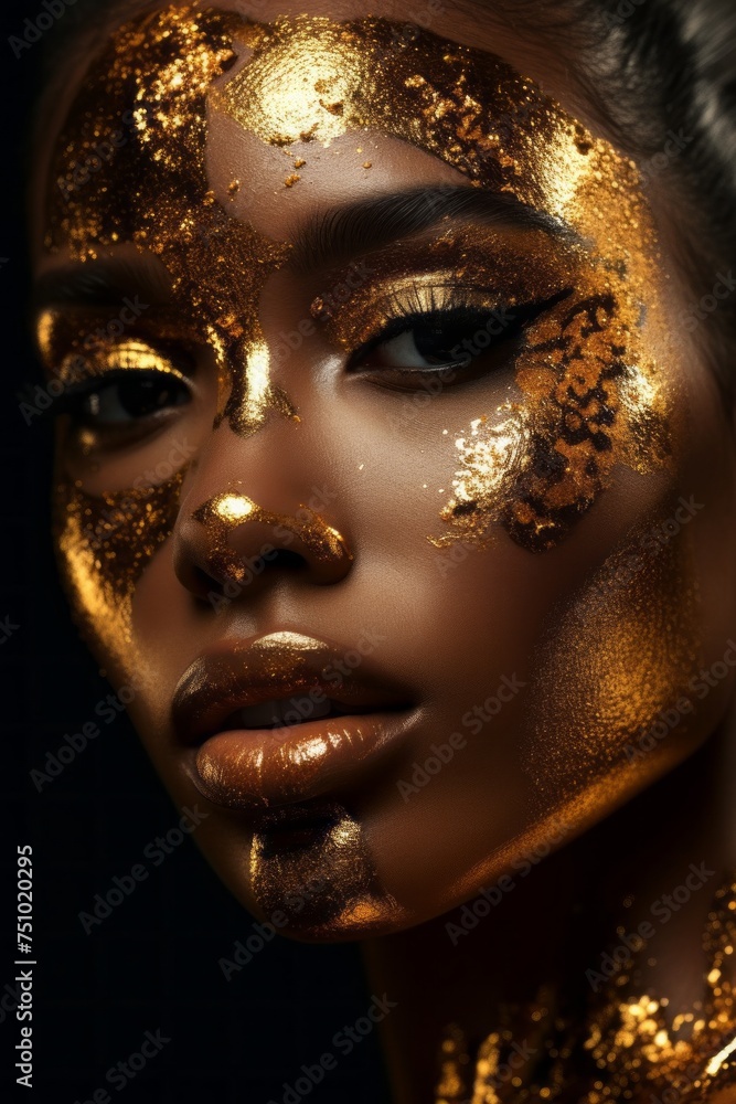 Close-up of a young female face in golden glitter paint. Decorative cosmetics for women. Gold make-up on beautiful African model, glamourous metallic dark skin. Beautiful woman makeup close up