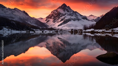 Panoramic view of the snow-capped mountains reflecting in the lake