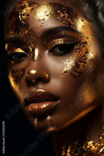 Close-up of a young female face in golden glitter paint. Decorative cosmetics for women. Gold make-up on beautiful African model  glamourous metallic dark skin. Beautiful woman makeup close up