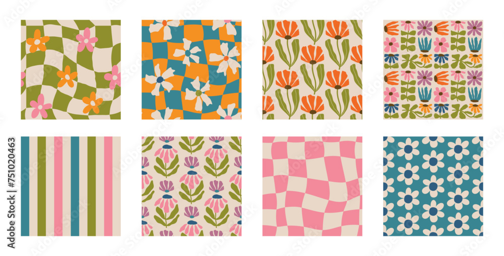 Set of Aesthetic Contemporary printable retro groovy flowers seamless pattern. Decorative Hippie Naive 60's, 70's style Vintage boho background in minimalist style for fabric, wallpaper or wrapping Set of Aesthetic Contemporary printable retro groovy flowers seamless pattern. Decorative Hippie Naive 60's, 70's style Vintage boho background in minimalist style for fabric, wallpaper or wrapping