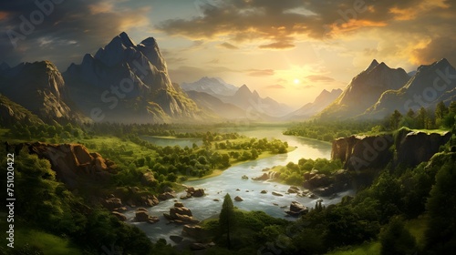 Panoramic view of a mountain river at sunset. 3d render © Iman