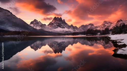 Panoramic view of snowy mountain range reflected in water at sunset