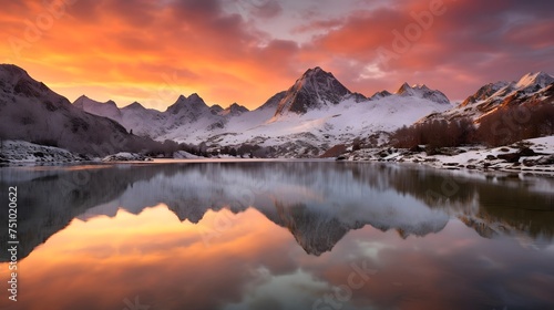 Panorama of beautiful lake and mountains at sunset in winter with reflection