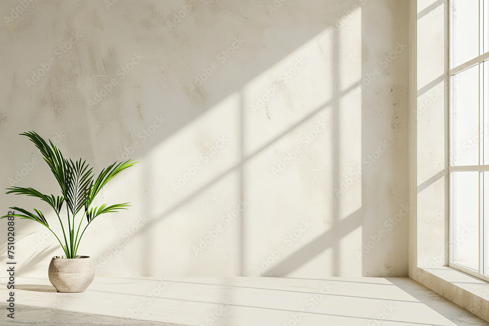 Fototapeta premium horizontal indoor image of a blank wall illuminated by sunlight, small palm tree on the left hand side, copy space. Generative AI