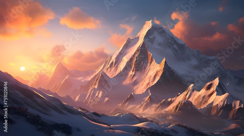Panorama of snowy mountains at sunset. Beautiful panoramic landscape.