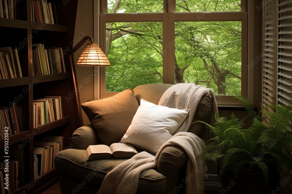 Fototapeta premium Cozy Reading Nook Oasis: Plantation Shutter Windows, Lounge Chair, and Books Heaven