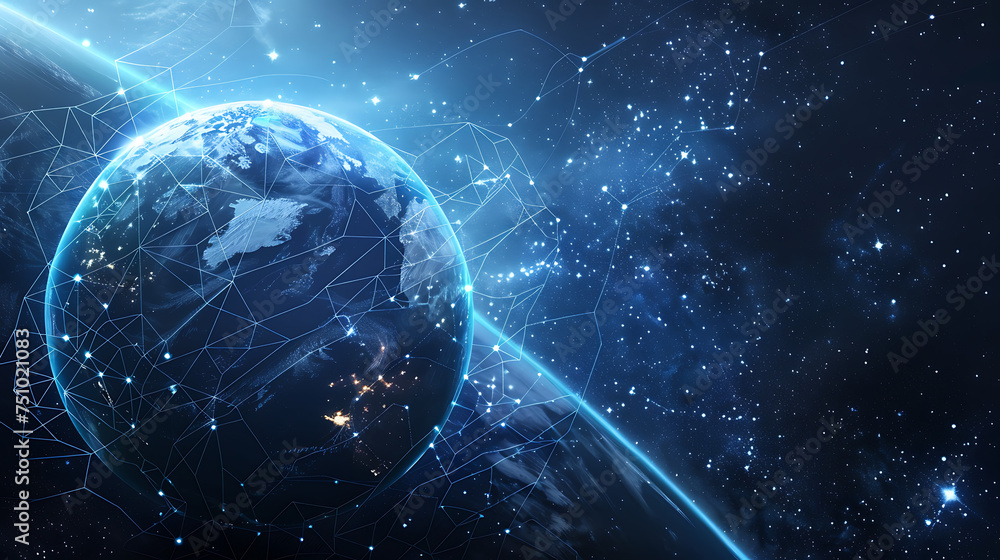 Obraz premium a blue earth with a network of lights around it and a dark background