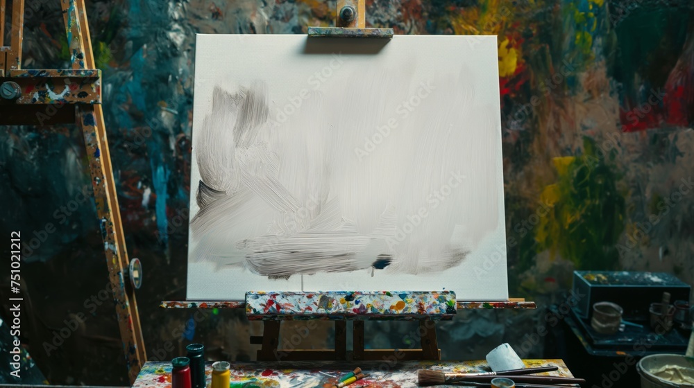 A blank oil painting is placed on the easel, with some painting tools scattered around.
