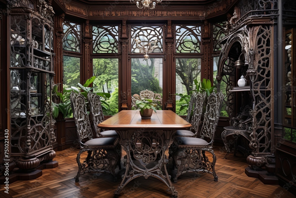 Fototapeta premium Intricate Iron Chair Designs and Ornate Ironwork Structures in Dining Room Setting