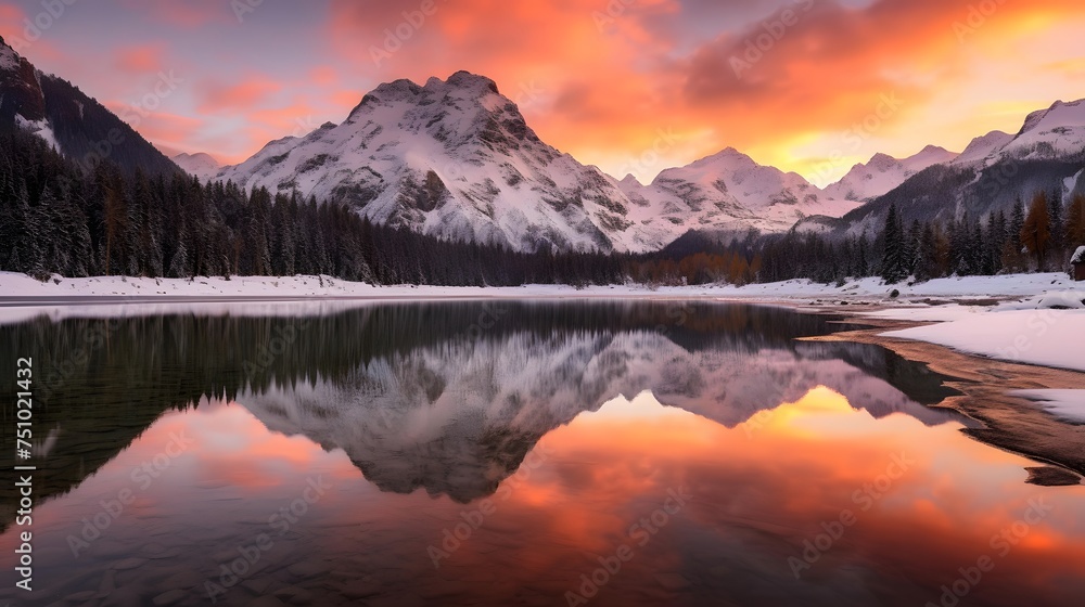 Panoramic view of frozen lake and mountains reflected in water at sunset