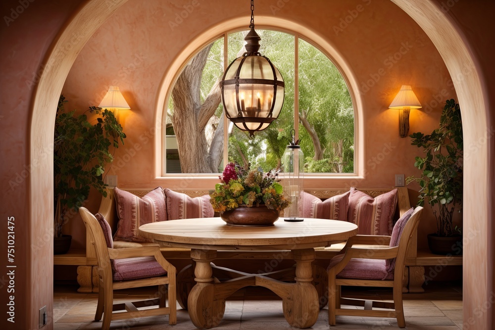 Mediterranean Chic Dining Space: Round Table, Vibrant Colors & Stylish Lamps