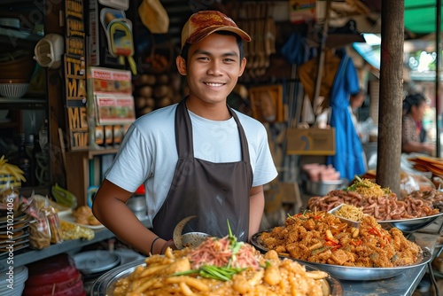 an Indonesian male working in his food sellers stalls serve buyers