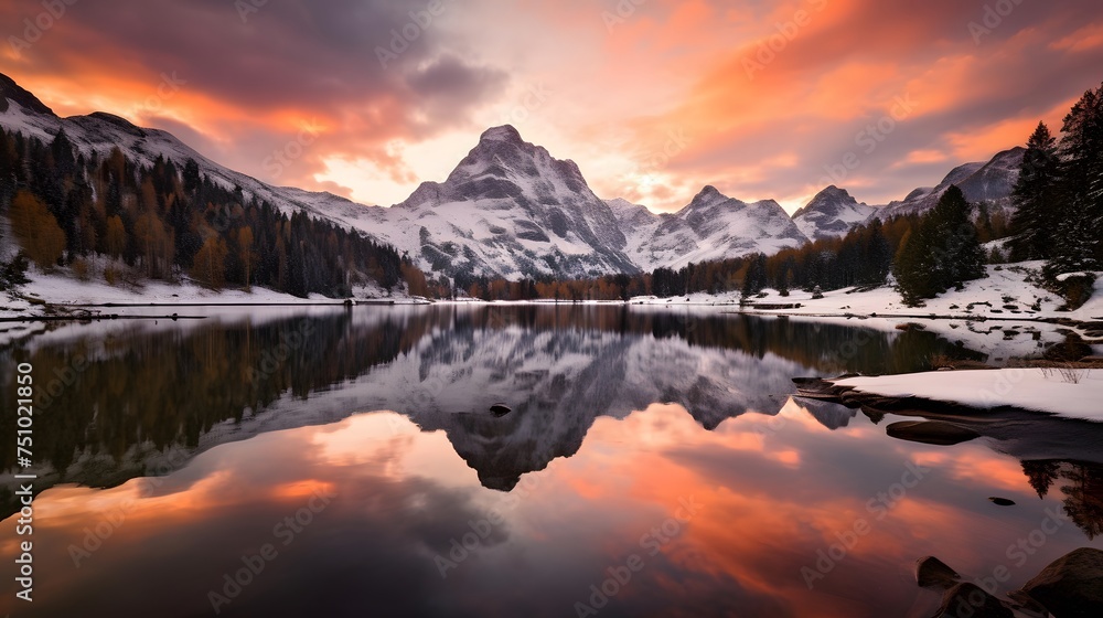 Beautiful panoramic view of snow-capped mountain peaks reflected in the lake.
