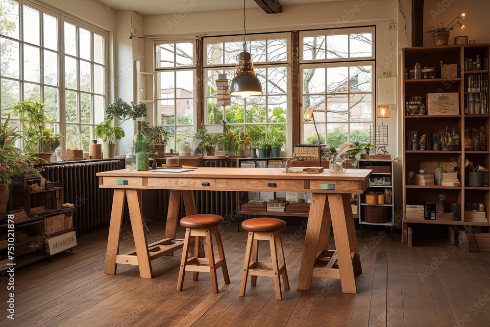 Dutch-Inspired Vintage Workspace: Repurposed Furniture Stations & Wooden Desks