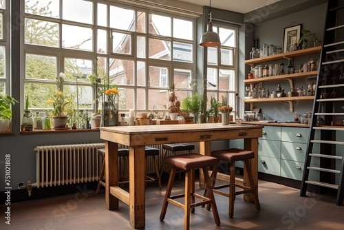 Dutch-Inspired Home  Repurposed Furniture Workstations  Vintage Wood Stools   Desks